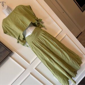 Free People Sundown Skirt shirt Set Boxy Crop Top Full boho Green medium